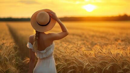 Canvas Print - Woman in a Wheat Field at Sunset