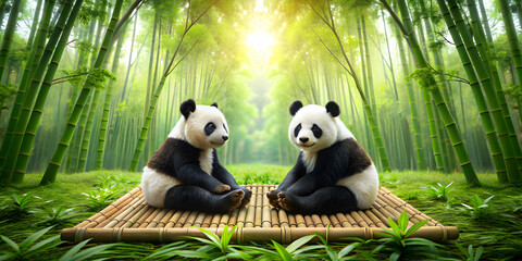 Two pandas sitting on a mat with bamboo forest background, pandas, bamboo, mat, forest, wild, cute, black and white, wildlife