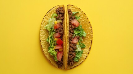 Two soft tacos filled with ground beef, lettuce, diced tomato, and corn on a yellow background.