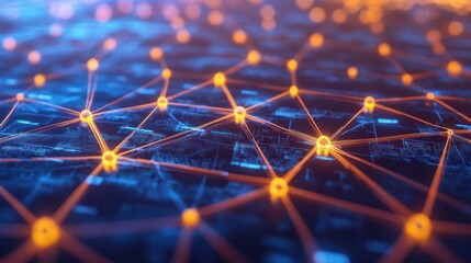 Poster - abstract network with glowing orange nodes on a blue background.