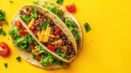 Two delicious tacos with ground beef, lettuce, cheese, and tomatoes on a bright yellow background.