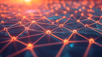 Wall Mural - Abstract network with glowing orange nodes and lines on blue background.