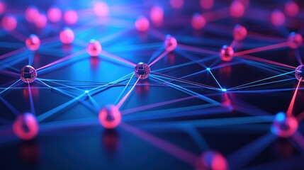 Poster - abstract network of glowing spheres with blue and pink neon lines.