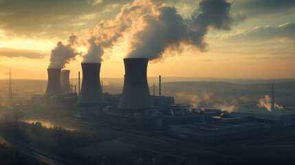 Three large power plants are emitting smoke into the sky