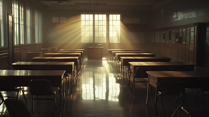 Wall Mural - Empty Modern Classroom In the School Interior, Back to School Concept Book, Chair, table 3D Render.