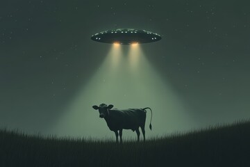 man witnessing ufo invasion at night in mysterious landscape, alien encounter, sci-fi concept art. b