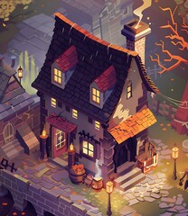 Poster - Fantasy Style Cartoon Illustration of a Small House with a Roof and Windows