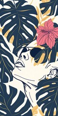 Wall Mural - Tropical Leaves With Woman Face Illustration