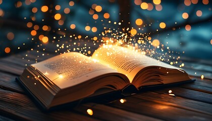 Enchanting Open Book with Illuminated Pages and Twinkling Lights on Rustic Table at Night, Representing Imagination and Creativity