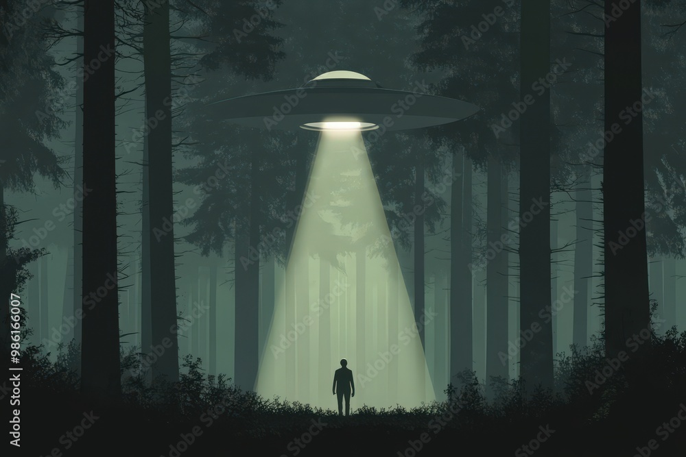 Man Witnessing UFO Invasion at Night in Mysterious Landscape, Alien ...