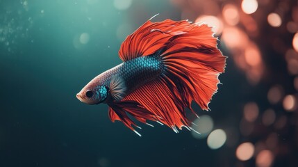 A vibrant red and blue betta fish with long flowing fins swims in a tank with a bokeh background.