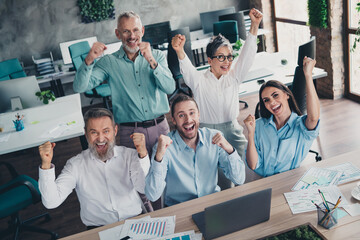 Wall Mural - Portrait of group professional office workers meeting raise fists laptop desk loft interior business center indoors