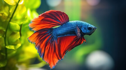 A vibrant blue and red betta fish with flowing fins swims in a green and blue aquatic environment.