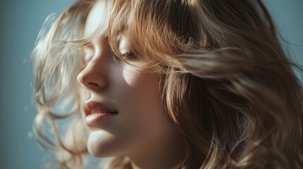 Wall Mural - Close-up portrait of a woman with blonde hair and soft light illuminating her face.