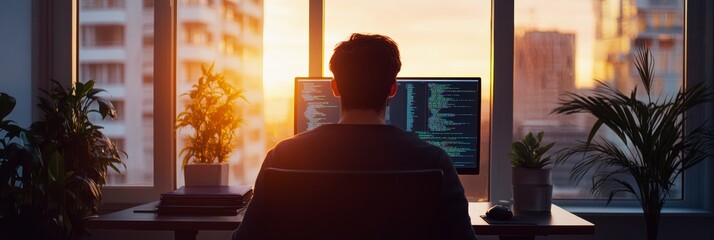 Man coding on a desktop in a high-rise apartment during sunset. Software development and remote coding concept.