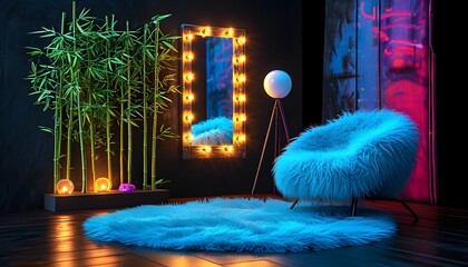 Wall Mural - Futuristic photo corner with neon graffiti on black backdrop, lush bamboo accents, puffy blue chair, and illuminated floor-length mirror