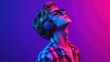 © B 7 YOU - Young man listening to music with headphones, wearing sunglasses and a plaid shirt, against a colorful purple and pink background.