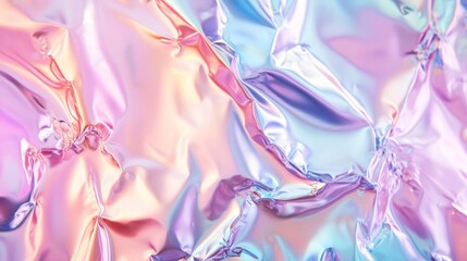 Wall Mural - abstract iridescent holographic pink and blue wrinkled foil background.