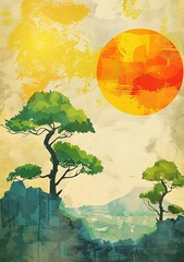 Wall Mural - Artistic Illustration of a Sun Setting Over a Landscape with Trees