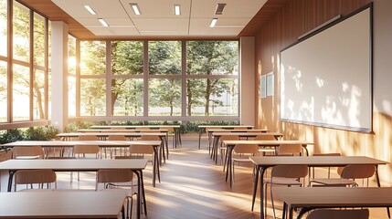 Wall Mural - Empty Modern Classroom In the School Interior, Back to School Concept Book, Chair, table 3D Render.