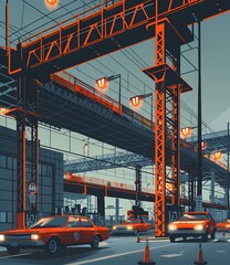 Poster - Retro Style Cityscape with Elevated Train and Cars