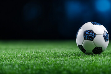 Isolated white and black soccer ball on green field for sport competition
