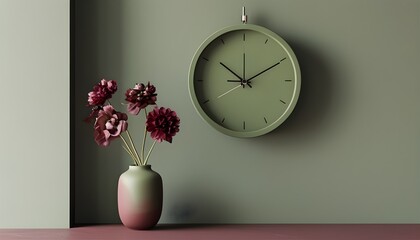 Minimalist room featuring a green matte wall clock and a vase of burgundy flowers, showcasing modern design and serene aesthetics in a textile environment.