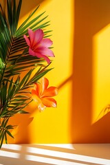 Palm Leaf and Two Flowers on Yellow Background with Sunlight Shadow