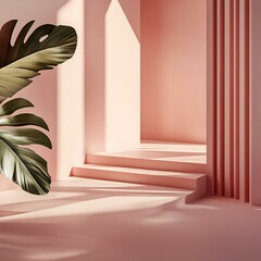 Wall Mural - Minimalist Pink Room with Palm Leaf and Staircase