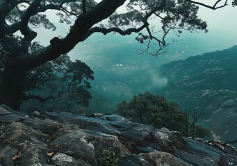 Wall Mural - Mountain View From a Cliff With a Tree Branch