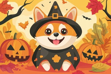 A cute corgi in a witch hat stands among Halloween pumpkins and autumn leaves in a vibrant, colorful scene.