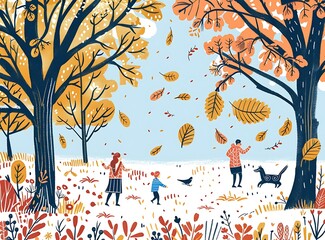 Canvas Print - Family Enjoying Fall Foliage in a Park