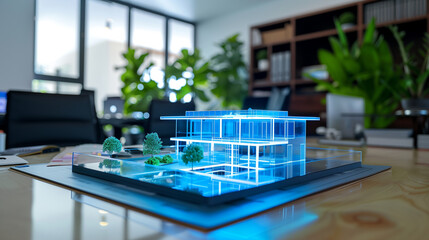 Wall Mural - 3d blue prints of a real estate project virtual hologram on a table in modern office, real estate de