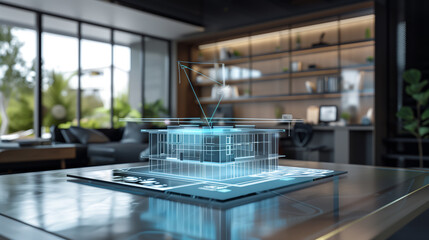 Wall Mural - 3d blue prints of a real estate project virtual hologram on a table in modern office, real estate de
