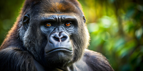 A close-up photo of a powerful and intelligent gorilla in the wild , wildlife, animal, primate, ape, jungle, forest