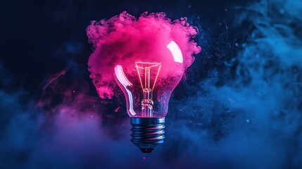Wall Mural - A glowing light bulb with pink smoke in front of a dark blue background.