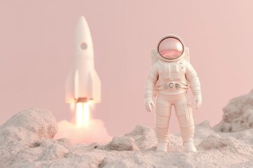 Pastel-Hued Retro Rocket Poised for Launch in Abstract 3D Render. Beautiful simple AI generated image