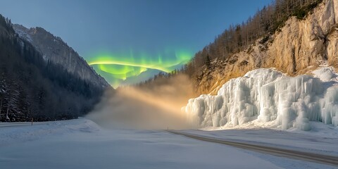 Poster - Frozen Waterfall Under the Northern Lights