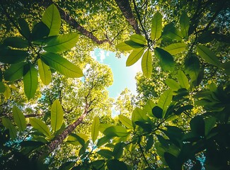 Poster - Looking Up at the Sky Through Lush Green Tree Canopy