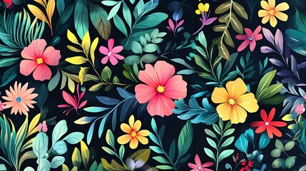 Wall Mural - Colorful Tropical Flowers and Green Leaves Seamless Pattern