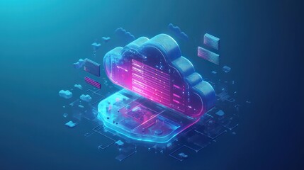 Poster - neon blue cloud computing data center concept.