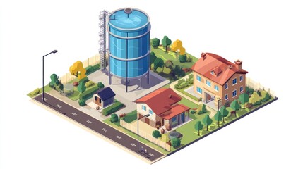 An isometric view of a suburban street scene with a water tower, two houses, and a street lamp.