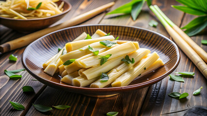 A close-up photo of a plate of bamboo shoots being eaten, bamboo, shoots, plate, food, eating, diet, vegetarian, healthy