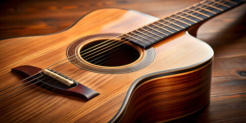 A close-up shot of an acoustic guitar with beautiful wood grain and strings, music, instrument, acoustic, strings, strum