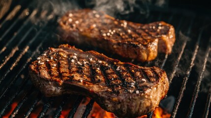 Close-up of two juicy steaks sizzling on a hot grill with smoke rising.