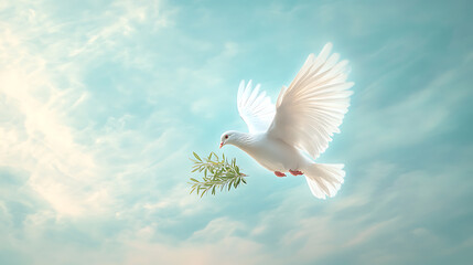 Wall Mural - White dove flying with an olive branch against a serene sky