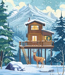 Canvas Print - Winter Cabin Illustration with Deer in the Snowy Forest