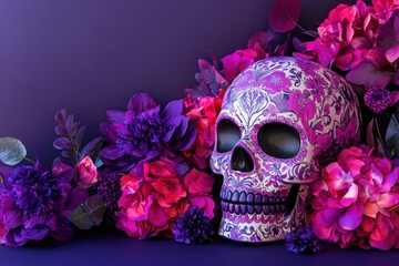 Elegant Day of the Dead composition with decorative skull and purple flowers, AI generated