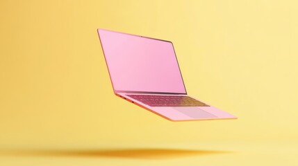 Poster - pink laptop computer with blank screen on yellow background.