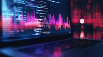 Wall Mural - close-up of a laptop screen displaying data and code with colorful abstract graphics, illuminated by